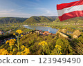 Durnstein village with Austrian flag during spring time in Wachau, Austria 123949490