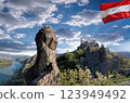 Durnstein village with Austrian flag during spring time in Wachau, Austria 123949492