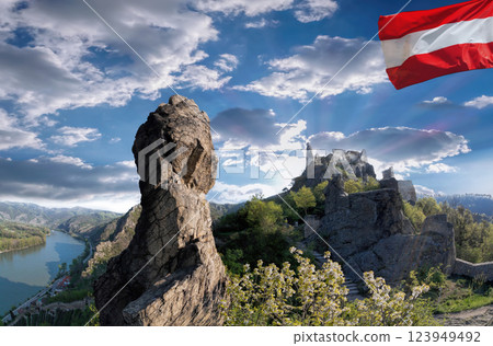 Durnstein village with Austrian flag during spring time in Wachau, Austria 123949492
