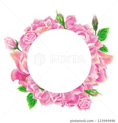 Isolated handdrawn round frame with roses for graphic design Isolated handdrawn round frame with roses for graphic design 123949496