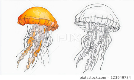 Outline of a jellyfish and a painted jellyfish for coloring book Outline of a jellyfish and a painted jellyfish for coloring book 123949784