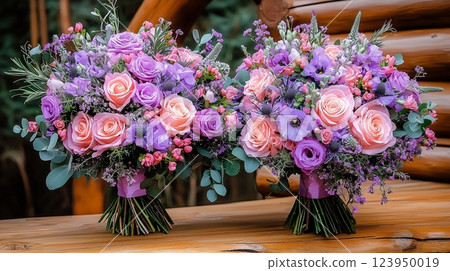 Elegant flower bouquets with pink roses and lavender on wooden table. 123950019