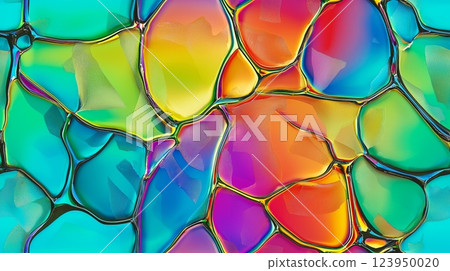 Vibrant abstract stained glass pattern with multicolored cells and fluid design. 123950020
