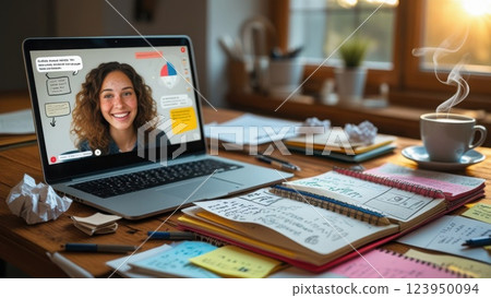 young business woman student teacher tutor wear wireless headset video conference calling on laptop computer talk by webcam learn teach in online chat, distance webinar online teaching concept young business woman student teacher tutor wear wireless headset video conference calling on laptop computer talk by webcam learn teach in online chat, distance webinar online teaching concept 123950094