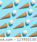 trendy seamless pattern of vanilla ice cream and hard shadow isolated on blue background, creative decoration of funny summer concept 123950130