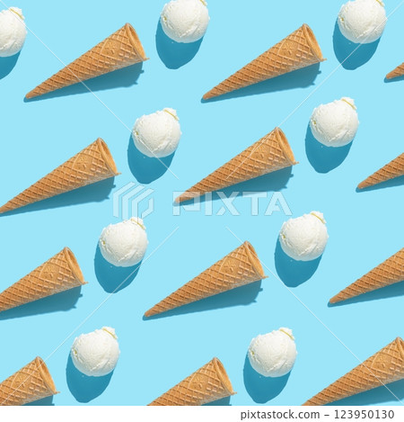trendy seamless pattern of vanilla ice cream and hard shadow isolated on blue background, creative decoration of funny summer concept 123950130