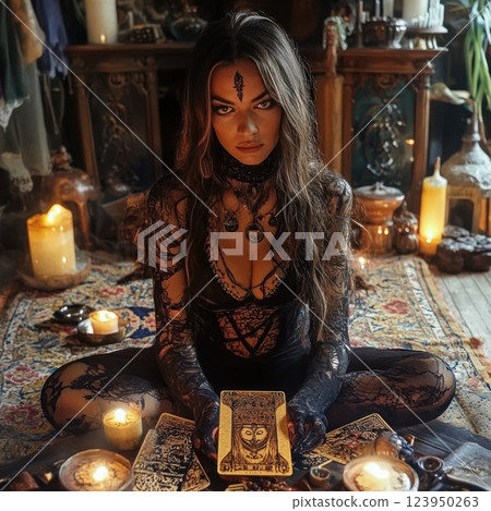 a mysterious fortune teller dressed in intricate black lace, surrounded by glowing candles and ancient tarot cards 123950263