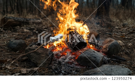 a cozy outdoor scene of a campfire surrounded by stones, with marshmallows roasting on a stick 123950274
