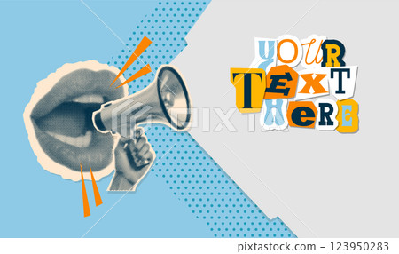 Pop art modern dotted collage with screaming mouth and bullhorn. Halftone torn out newspaper elements. Advertising banner with megaphone and copy space. Announcement banner of news, sales. Vector 123950283