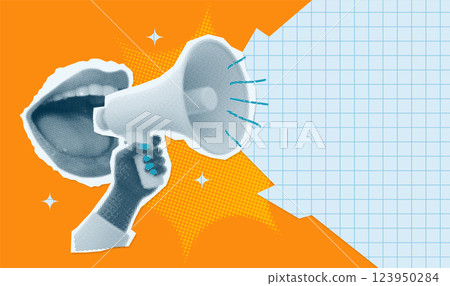 Dotted Halftone collage banner with a mouth screaming into a loudspeaker. Vintage megaphone in retro magazine style. Vector retro pop art. 123950284