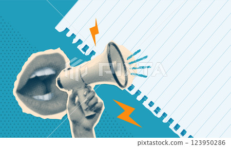 Modern collage banner template with screaming mouth and bullhorn. Halftone torn out spaper elements. Advertising banner with megaphone and copy space. Woman shouting into loudspeaker. Vector 123950286