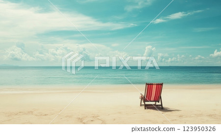 a serene beach scene with a single red-striped deck chair on golden sand, overlooking the calm ocean 123950326