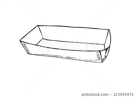 Empty craft small cardboard tray for fruit or fast food, chips and French fries line art black ink sketch. Monochrome disposable container line art etching. Snack package vector illustration. Empty craft small cardboard tray for fruit or fast food, chips and French fries line art black ink sketch. Monochrome disposable container line art etching. Snack package vector illustration. 123950472