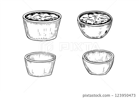 Vector small empty porcelain sauce bowls and with dipping sauces line ink illustration in black and white. Monochrome ceramic pots of different shapes clip art. Side view of blank ramekin set. 123950473