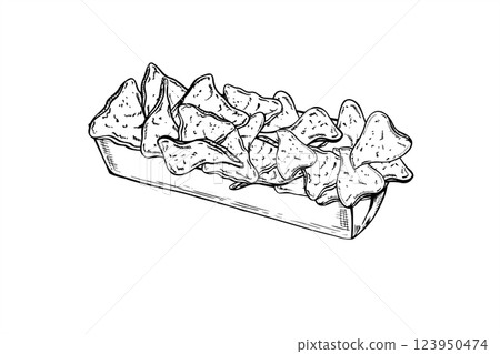 Triangle corn nachos chips in rectangle disposable cardboard tray vector line art black ink sketch. Monochrome hand drawn crunchy snack in paper package. Fast food illustration for menu design 123950474