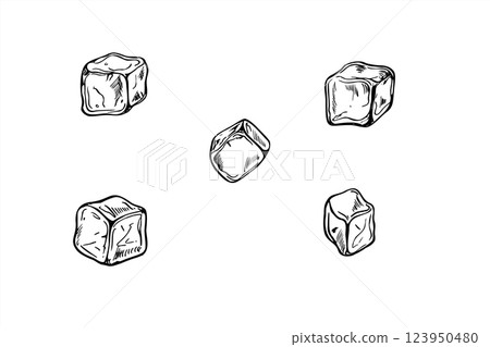 Monochrome vector single ice cubes with smooth edges set illustration painted by black inks. Etching drawing of frozen juice or water cube for drinks. Food elements for menu, cocktail party. Monochrome vector single ice cubes with smooth edges set illustration painted by black inks. Etching drawing of frozen juice or water cube for drinks. Food elements for menu, cocktail party. 123950480