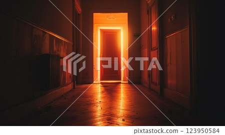 Spooky Hallway With Red Glow From Open Door in Mysterious House 123950584