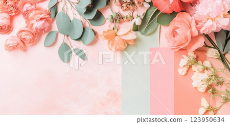 Color paper palette with soft light pink and peach tones with flowers textured.AI Generative. Color paper palette with soft light pink and peach tones with flowers textured.AI Generative. 123950634