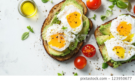 Avocado Toast with Poached Eggs and Cherry Tomatoes 123950677