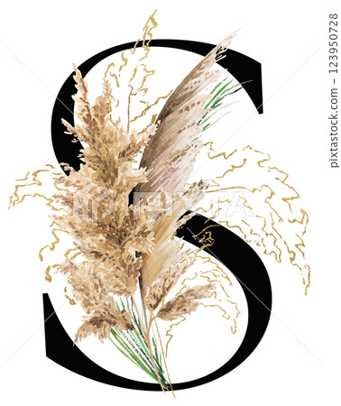 Black letter S with watercolor biege and golden dried pampas grass, tropical wedding illustration 123950728