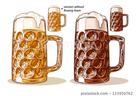 Dimpled glass beer mug, massive big Bavarian Masskrug for beer fest, in styles of color graphic, retro vintage engraving, woodcut, line art. Vector illustration is hand-drawn by human, without tracing 123950762