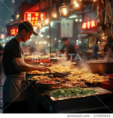 Street Food Vendor Cooking in Asian Market, Night Scene, Busy, Culinary. High quality photo 123950838
