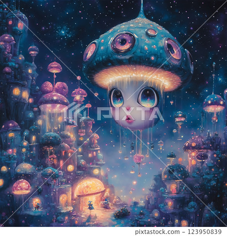 Glowing Mushroom Town in Starry Night, Fantasy Art, Magical, Dreamlike. High quality photo 123950839