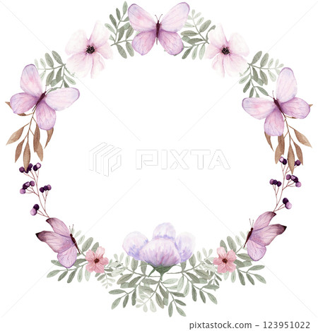 Fantasy brown and light purple twigs, butterfly, berries and flowers wreath by watercolor. 123951022