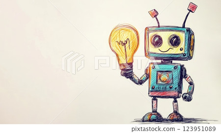 sketch of cute robot holding glowing light bulb creative idea illustration 123951089