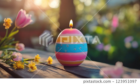 colorful easter egg candle on spring background 123951097
