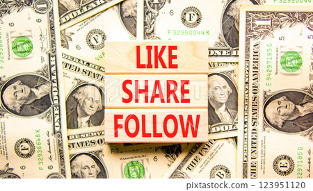 Like share follow symbol. Concept words Like Share Follow on beautiful wooden blocks. Dollar bills. Beautiful background from dollar bills. Business like share follow concept. Copy space. Like share follow symbol. Concept words Like Share Follow on beautiful wooden blocks. Dollar bills. Beautiful background from dollar bills. Business like share follow concept. Copy space. 123951120