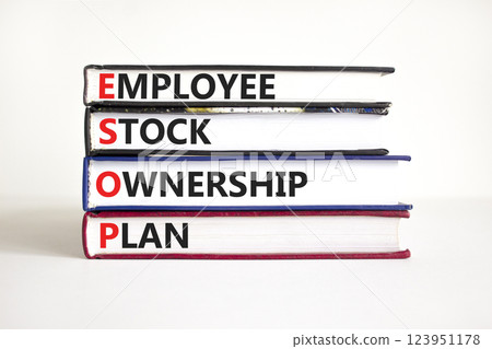 Employee Stock Ownership Plan symbol. Concept word ESOP Employee Stock Ownership Plan on beautiful books. Beautiful white background. Business ESOP Employee Stock Ownership Plan concept. Copy space. 123951178