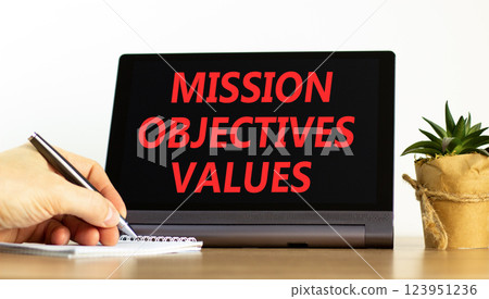 Mission objectives values symbol. Concept words Mission Objectives Values on beautiful black tablet. Beautiful white background. Businessman hand. Business mission objectives values concept Copy space Mission objectives values symbol. Concept words Mission Objectives Values on beautiful black tablet. Beautiful white background. Businessman hand. Business mission objectives values concept Copy space 123951236