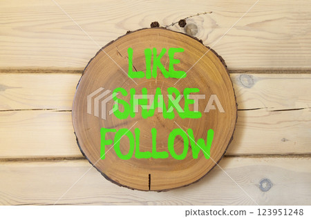 Like share follow symbol. Concept words Like Share Follow on beautiful wooden circle. Beautiful wooden wall wooden background. Business like share follow concept. Copy space. 123951248