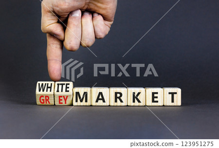Grey or white market symbol. Concept words Grey market or White market on beautiful wooden blocks. Beautiful grey background. Businessman hand. Business grey or white market concept. Copy space. 123951275