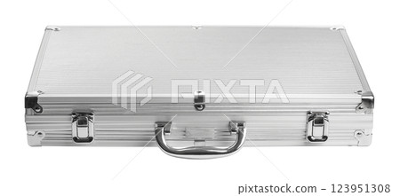 Silver metal briefcase closed with chrome handle on white background 123951308
