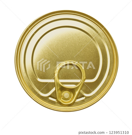 Golden metal can lid with ring pull tab on white background 123951310