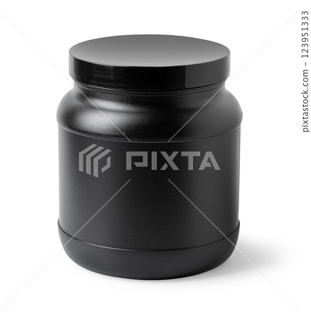 Black plastic jar with lid for sport nutrition on white background 123951333