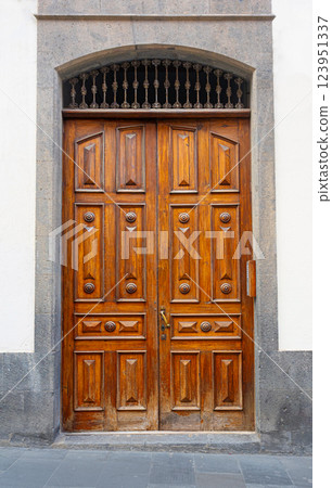 Elegant closed brown wooden double door with metal arch and decorative elements Elegant closed brown wooden double door with metal arch and decorative elements 123951337