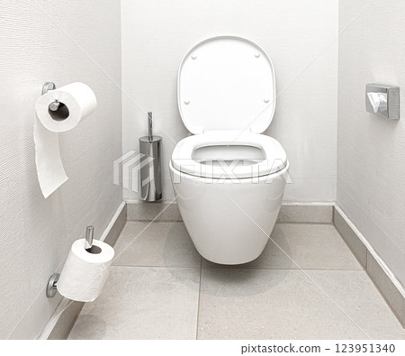 White ceramic toilet bowl with open lid in modern bathroom White ceramic toilet bowl with open lid in modern bathroom 123951340