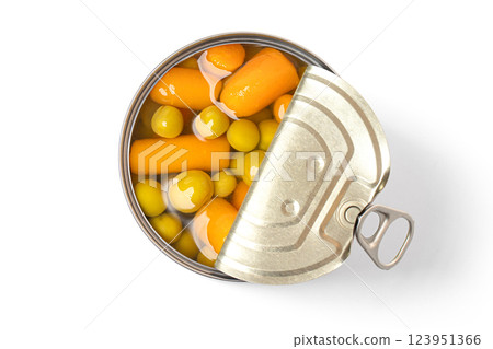 Open tin can of preserved vegetables on white background Open tin can of preserved vegetables on white background 123951366