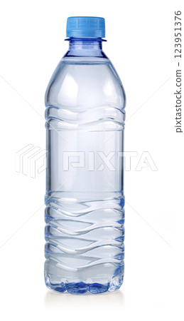 Small plastic water bottle with blue cap isolated on white background 123951376