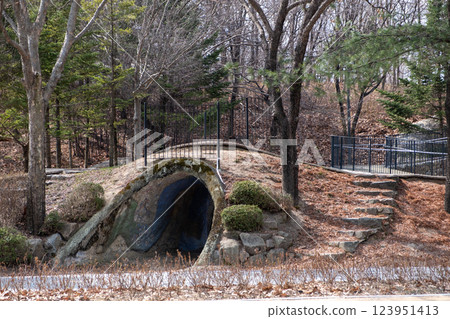 A tunnel hill, resembling a cave. Surrounded by trees, bushes, and stone steps leading to a fenced pathway. In Seoul Forest A tunnel hill, resembling a cave. Surrounded by trees, bushes, and stone steps leading to a fenced pathway. In Seoul Forest 123951413