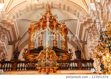 Beautiful choir organ, built in 1760, located above the main entrance of the Santa Prisca church of Taxco de Alarcon. Beautiful choir organ, built in 1760, located above the main entrance of the Santa Prisca church of Taxco de Alarcon. 123951478