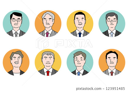 Simple line drawing of a middle-aged man, a company employee, a president, a director, and other executives, a face icon set, colorful Simple line drawing of a middle-aged man, a company employee, a president, a director, and other executives, a face icon set, colorful 123951485
