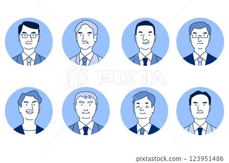 Simple line drawing of a middle-aged man, a company employee, a face icon set, blue Simple line drawing of a middle-aged man, a company employee, a face icon set, blue 123951486