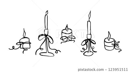 Set of candles in doodle style. Hand drawn clipart, curved line. Trendy ribbon bows in Coquette Aesthetic style. Wedding celebration, holiday, party decoration, gift. Vector illustration. Set of candles in doodle style. Hand drawn clipart, curved line. Trendy ribbon bows in Coquette Aesthetic style. Wedding celebration, holiday, party decoration, gift. Vector illustration. 123951511