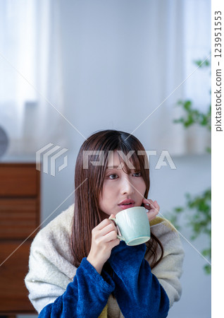 Young woman relaxing in the winter living room 123951553