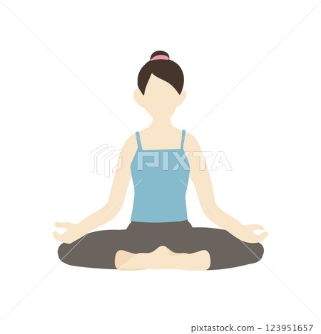 A woman with a bun doing the yoga cross-legged pose A woman with a bun doing the yoga cross-legged pose 123951657