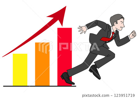 中年男子跑著上升的長條圖，推銷員，老闆，總裁，色彩繽紛 123951719